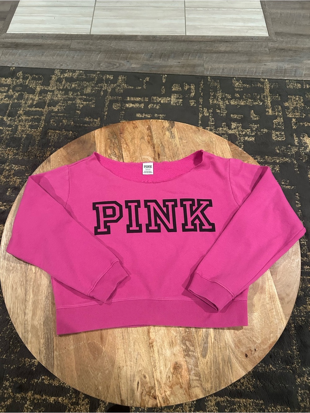PINK Victoria's Secret Bright Pink Pullover Sweatshirt Crop Off the Shoulder EUC